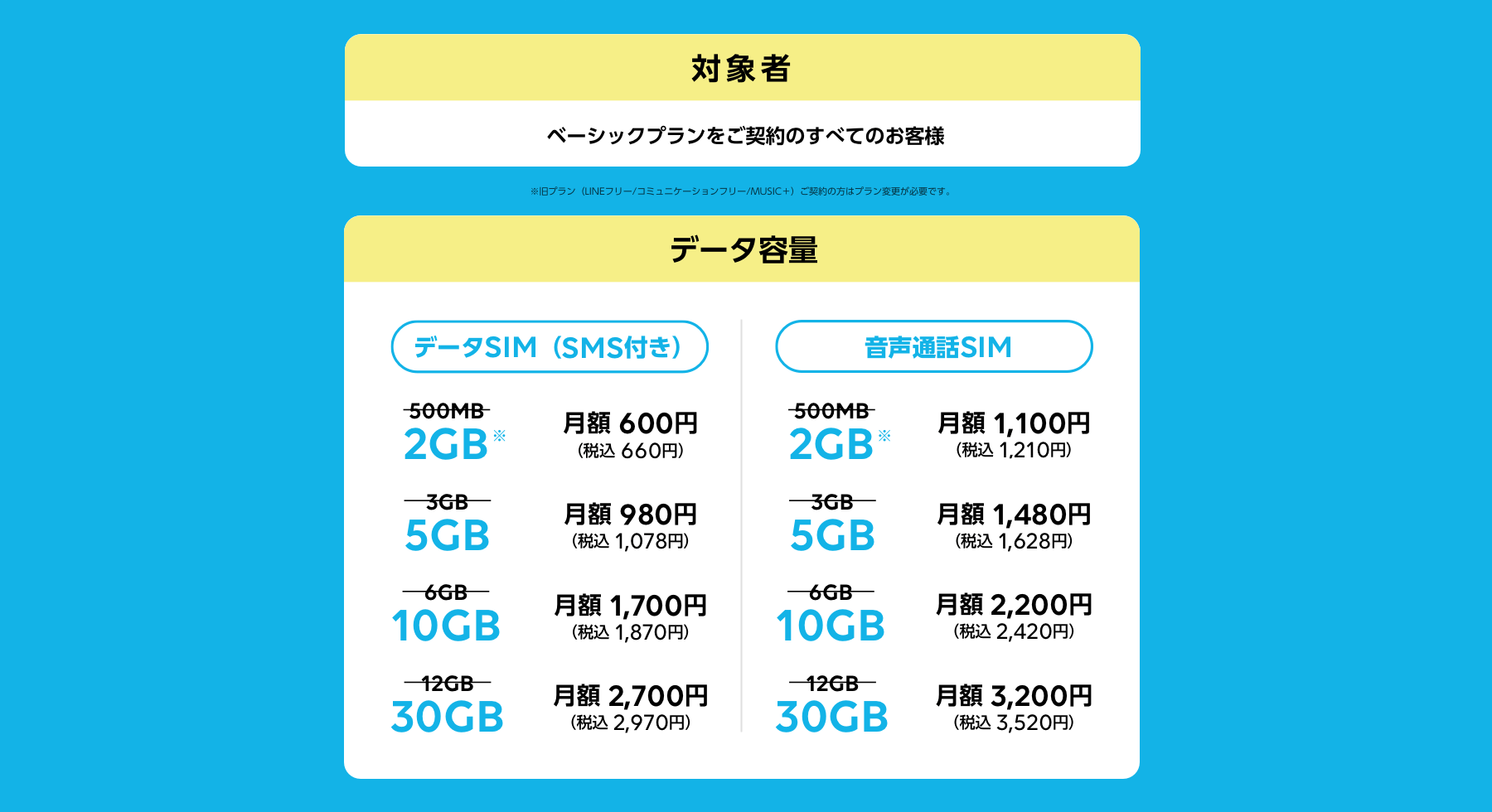 データ増量対象者とデータ容量